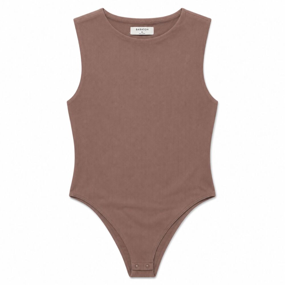 Aritzia Babaton Bodysuit Women XL Taupe Mock Neck Thong Stretch Sleeveless Top